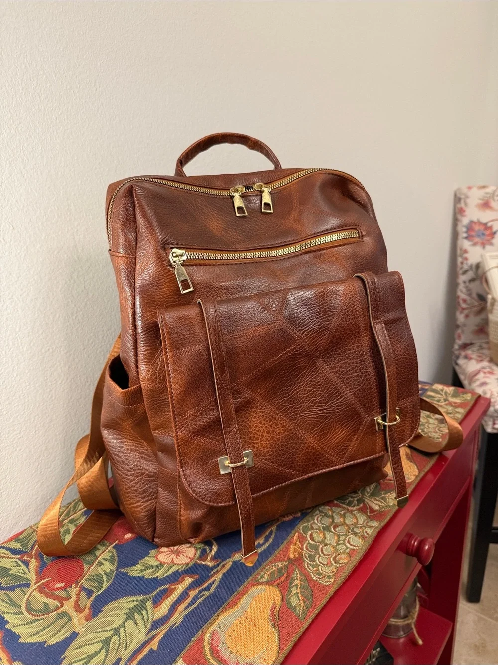 Brown Leather Men's Backpack with Front Pockets